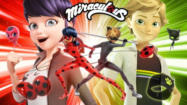 A dynamic scene featuring Ladybug and Cat Noir characters from miraculous action series