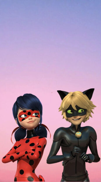 Ladybug and Cat Noir standing together on a pink background in a ladybug costume