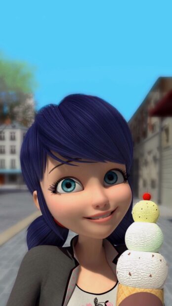 Ladybug holding a triple scoop ice cream cone with a cherry on top in a city setting