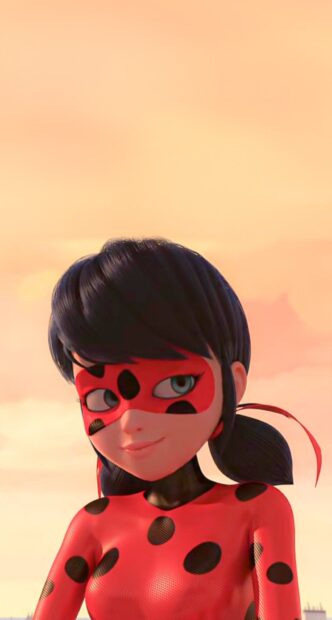 Female ladybug character in a red costume with black spots looking sideways