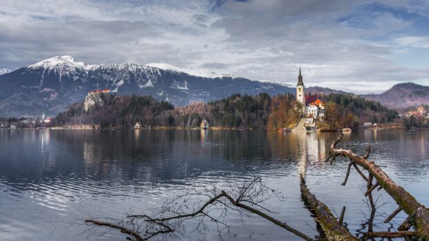 Snow capped mountains behind Lake Bled with a church on the island and bare branches in the foreground