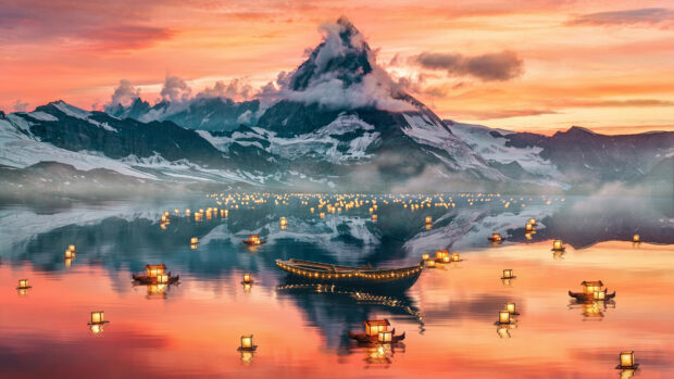 Lanterns floating on calm water with a mountain and colorful sunset in the background