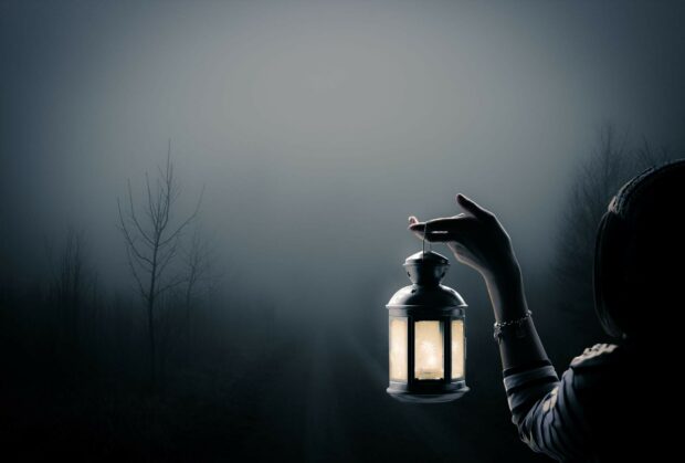 A hand holding a lantern glowing softly in a dark misty forest with bare trees