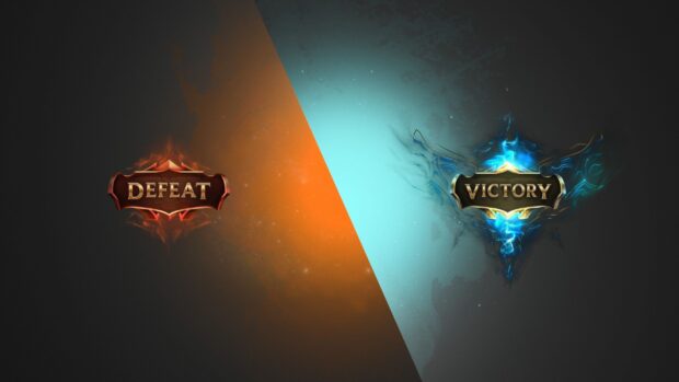 League of Legends logo showing defeat and victory signs with fiery and electric effects