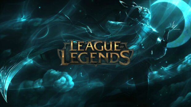The League of Legends logo with a mystical female character and blue glowing effects in a dark background