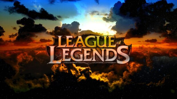 League of Legends logo with vibrant sunset clouds in the background