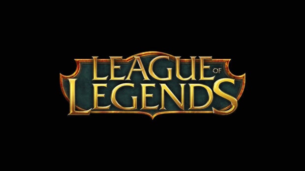 The iconic League Of Legends logo with a golden and dark green emblem on black background