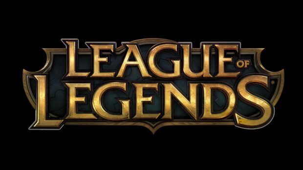 The League Of Legends logo features bold golden letters on a dark shield background