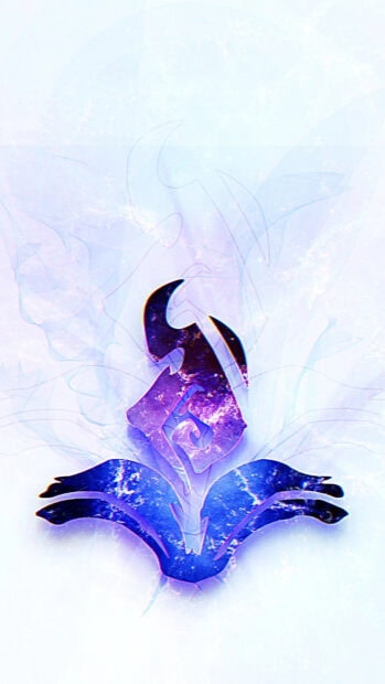 A glowing purple League Of Legends logo with abstract blue flame effects on a light background