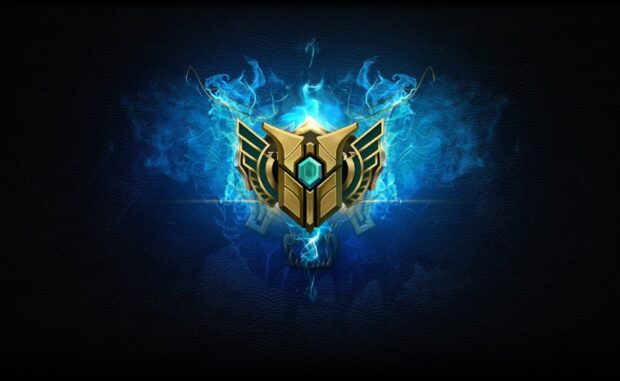A glowing gold and blue League of Legends logo surrounded by blue flames and lightning effects