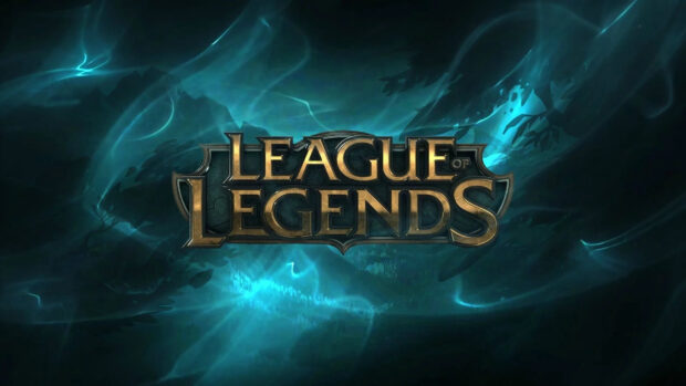 The League Of Legends logo is displayed over a dark mystical background with blue glowing effects