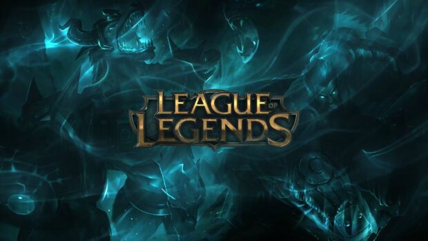 Dark fantasy scene with League of Legends logo and spectral warriors in blue haze