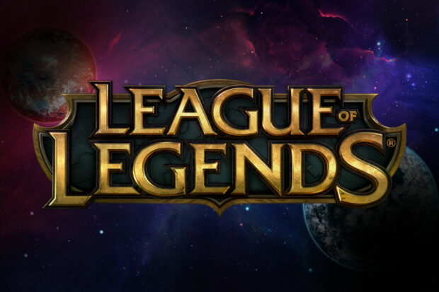 League of Legends logo displayed in space with planets and stars background