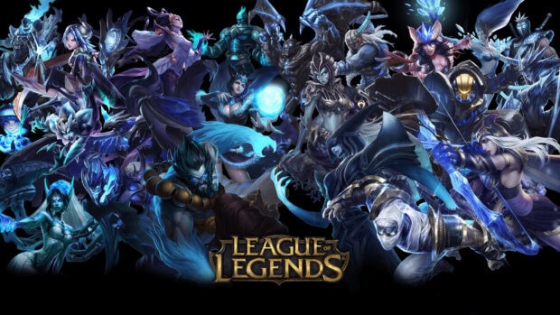 A collection of League of Legends logo featuring multiple champions in a dark blue scene