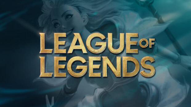 League of Legends logo with a character in the background on a desktop wallpaper