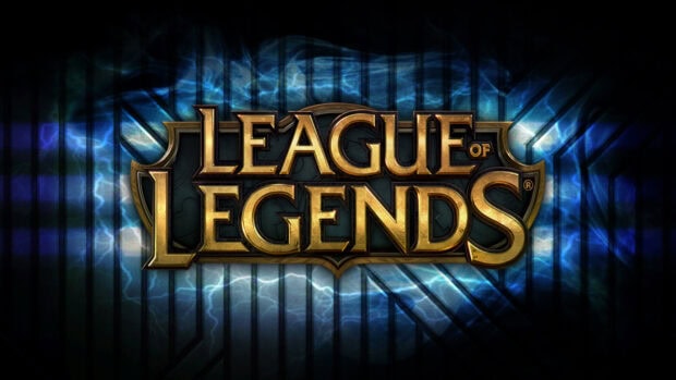 League Of Legends logo with blue electric background and gold lettering on dark surface