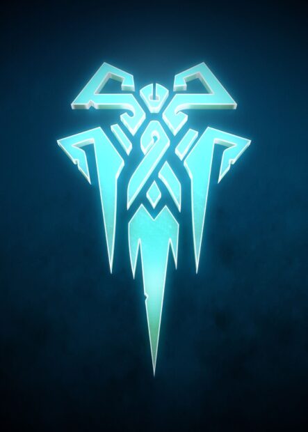 Glowing blue League Of Legends logo design on dark background for mobile