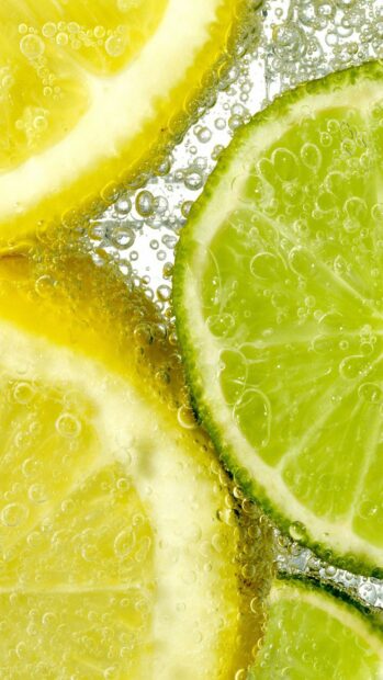 Fresh lemon and lime slices submerged in sparkling water with bubbles surrounding them