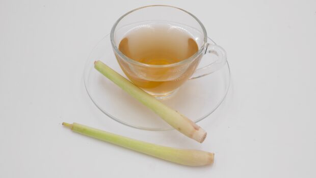 A glass cup of lemongrass tea with fresh lemongrass stalks on a white surface
