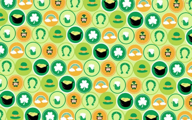 Seamless pattern of leprechaun hats clovers rainbows and pots of gold