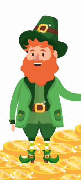 Happy leprechaun character with red beard standing on gold coins