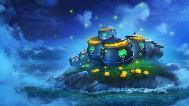 A magical scene of pots filled with gold and shamrocks on a small island surrounded by ocean