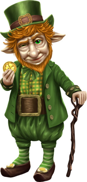 A leprechaun holding a gold coin and leaning on a wooden cane with a green outfit
