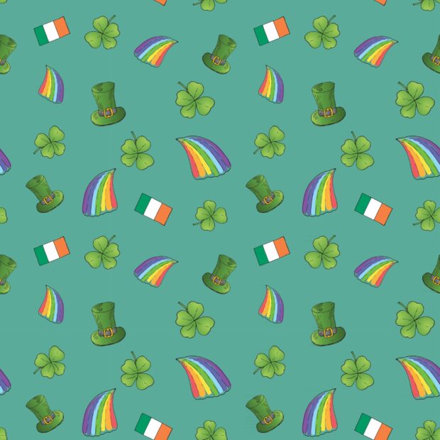 Green hats and four leaf clovers with rainbows and Irish flags pattern for leprechaun