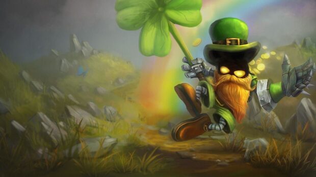A magical leprechaun holding a large clover in a colorful fantasy landscape