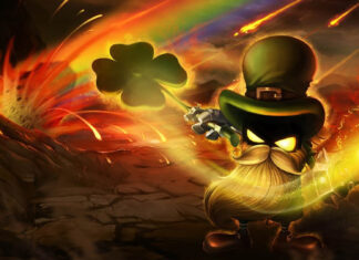 Fierce leprechaun wielding a glowing fist and holding a four leaf clover in a fiery battle scene