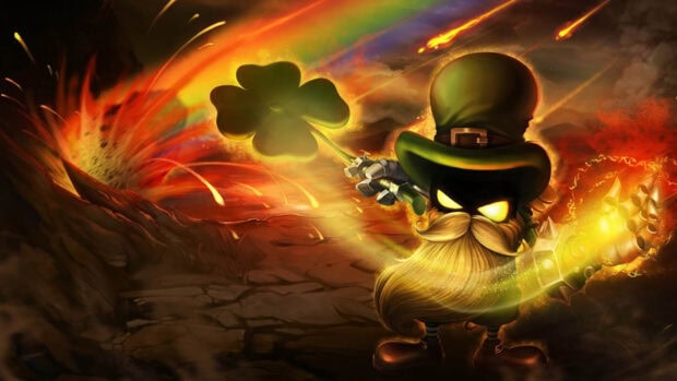 Fierce leprechaun wielding a glowing fist and holding a four leaf clover in a fiery battle scene