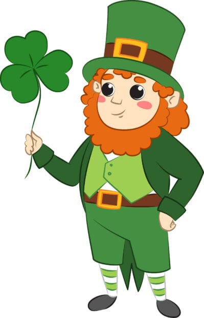 A cartoon leprechaun holding a large shamrock in a green outfit and hat