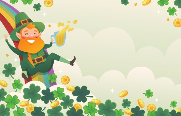 A cheerful leprechaun holding a beer mug sitting on a rainbow with many shamrocks and gold coins around
