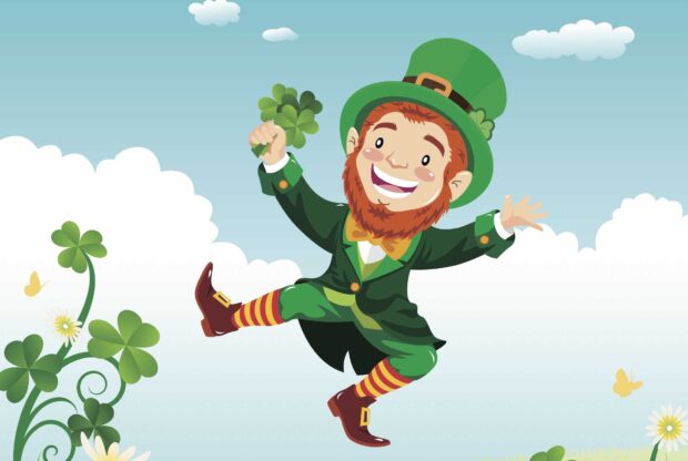 A joyful leprechaun holding clovers and dancing in a bright outdoor setting