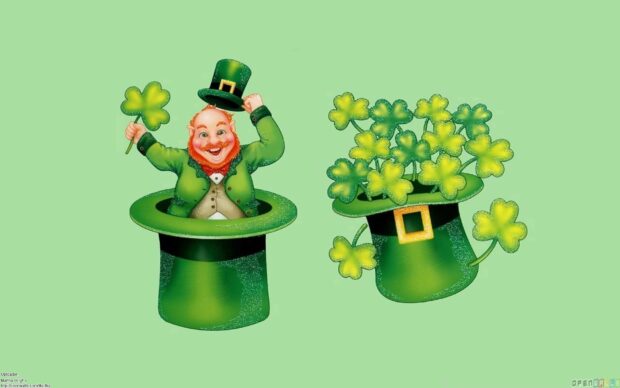 A cheerful leprechaun holding a shamrock inside a green hat with clover leaves on a plain background