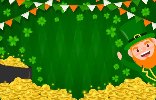 A cheerful leprechaun surrounded by gold coins and shamrocks on a green background