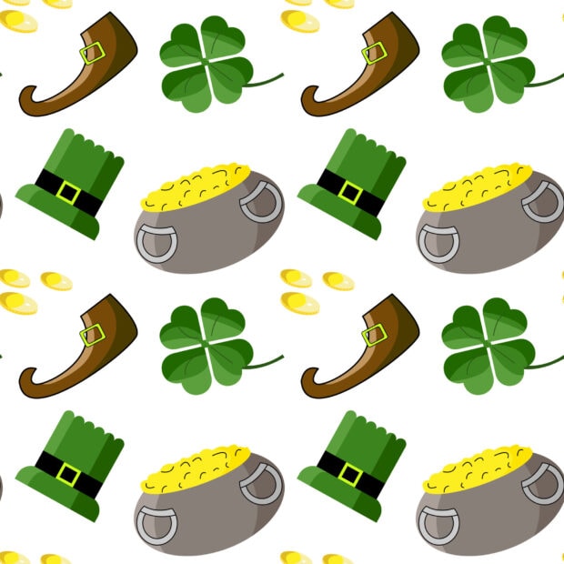 A seamless pattern of leprechaun hats pipes shamrocks and pots of gold in a bright design