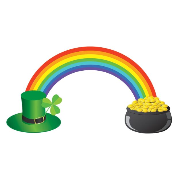 A colorful rainbow arches between a green leprechaun hat and a pot of gold coins