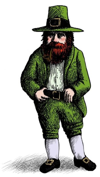 A detailed illustration of a leprechaun wearing green clothes and a hat with a red beard