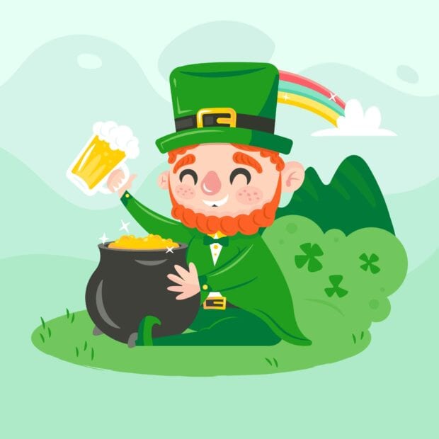 A happy leprechaun with a red beard holding a beer near a pot of gold under a rainbow