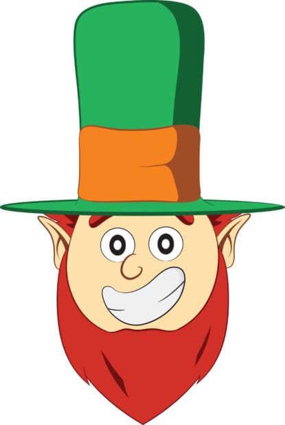 Smiling leprechaun face with a large green hat and red beard illustration