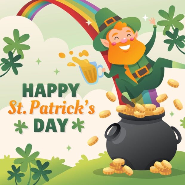 A cheerful leprechaun celebrating St Patricks Day with gold coins and a rainbow