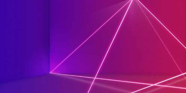 Bright neon lines forming geometric shapes on a purple and pink background with reflections