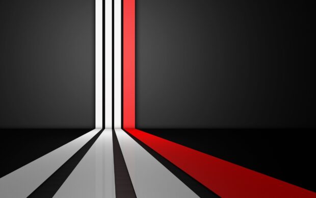 Vertical lines in white black and red on a dark background with a reflective floor