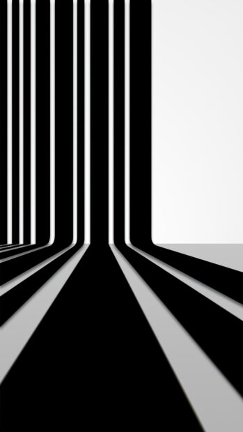 Black and white lines create an abstract pattern of depth and perspective on a wall