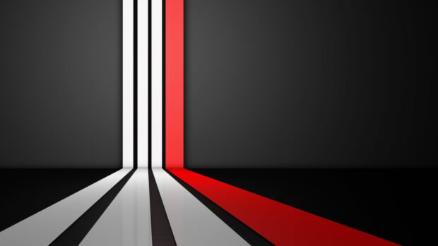 White and red lines converge on a black surface creating a modern geometric lines design