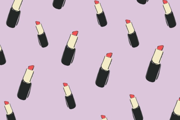 Red lipsticks illustration on purple color background with repeated pattern