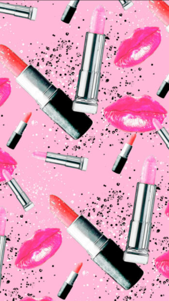 Pink lipstick tubes and glossy lips pattern on a pink background with glitter details