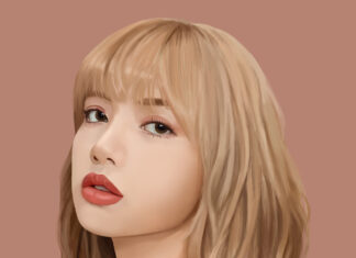 A portrait of Lisa Blackpink showing her long blonde hair and shoulder in a stylish pose