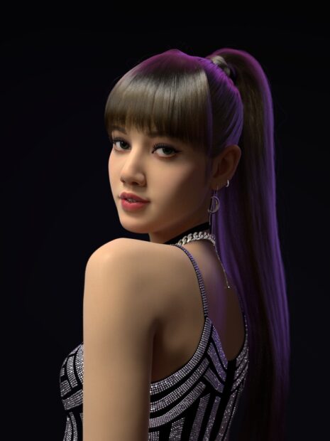 Lisa wearing a stylish black and silver outfit with a high ponytail hairstyle